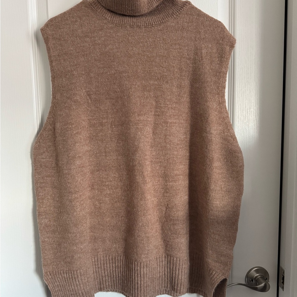 Cozy Tan Sleeveless Turtleneck Sweater